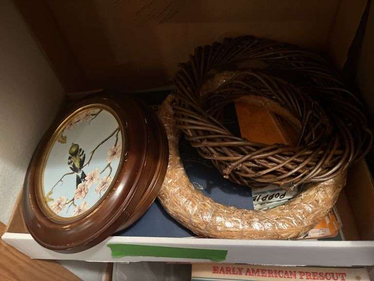 Clear glass and white glass waiting to be hand painted, wreathes for decorating, etc