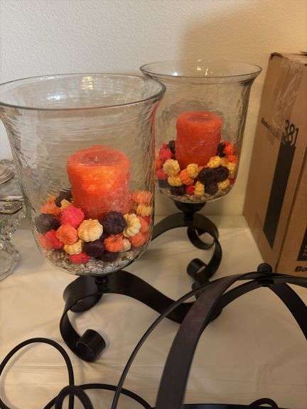 Sphere hanging light and 2 decorator metal and glass candle holders