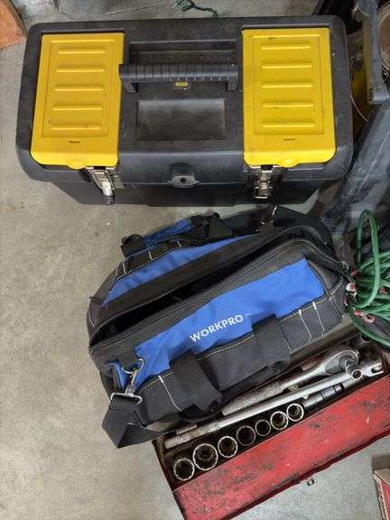 Socket set, pr folding sawhorses, drop cord, tool bag and more