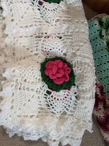 76 x 76 hand crocheted bedspread w/ roses and an afghan