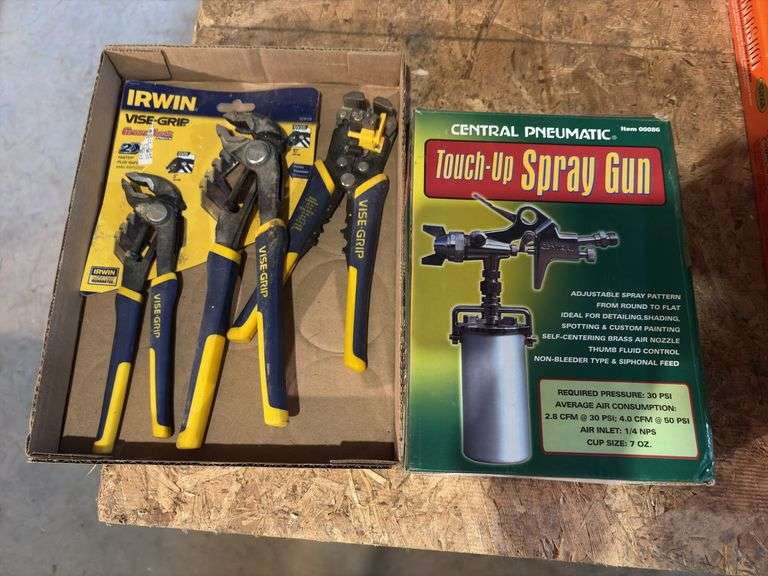 Paint spray gun and Irwin channel lock pliers and wire strippers