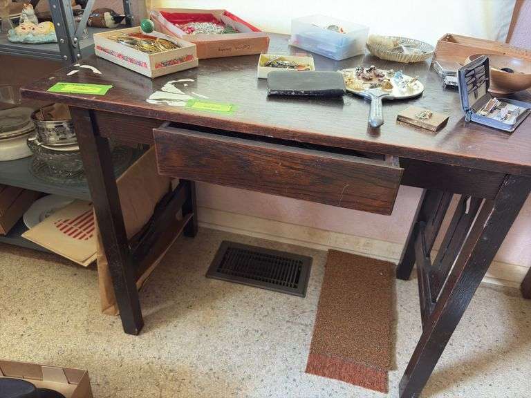 24D x 38L x 30H desk with single drawer Wood slats are missing on one side, one is in drawer