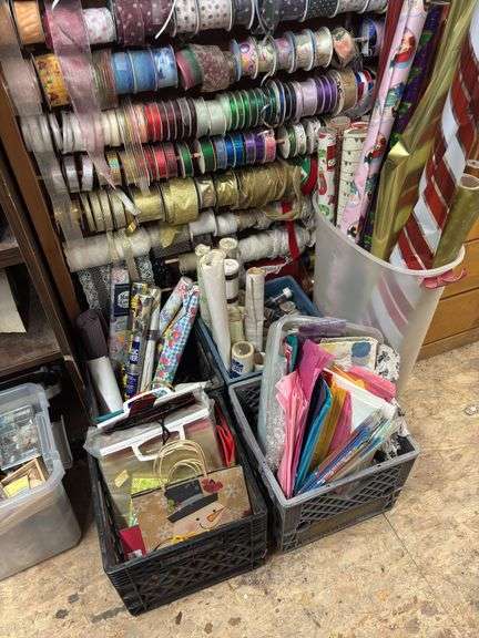 Huge quantity of ribbons and dispenser rack plus lots of gift wrapping items