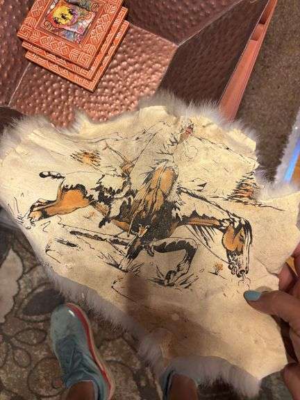 Antler lamp, painted hide and decorative bowl