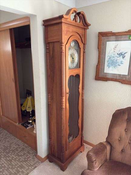 1985 dated and Signed Kraus Furniture Amana walnut Grandfather clock 12D x 23L x 83H
