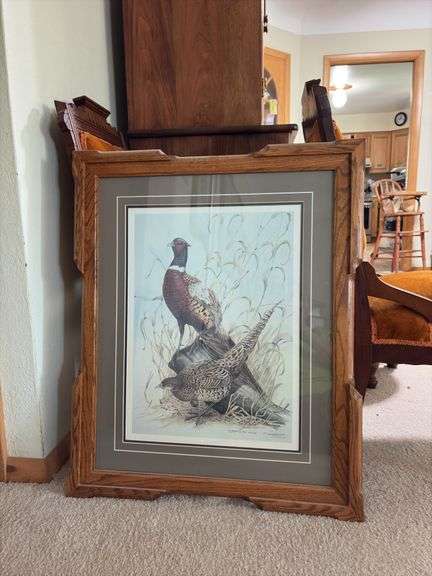 Schanz Furn Amana oak frame 25 x 30 w/ Landenberger Ringneck Pheasant print Second Edition S/N 913/950