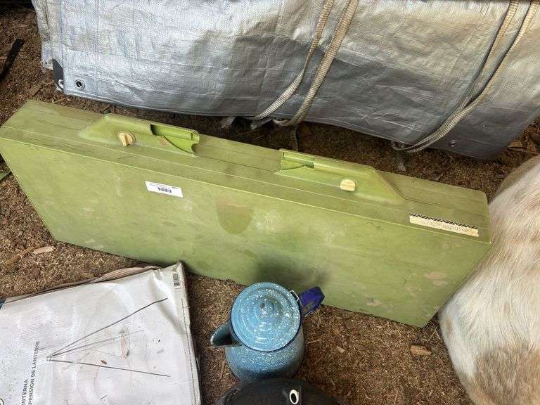 Fold up picnic table, coleman campfire tripod, cast iron dutch oven and enamel coffee pot