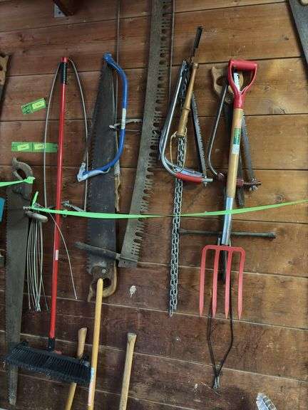Saws of all kinds, spading fork, power cords, ax, scythe, etc