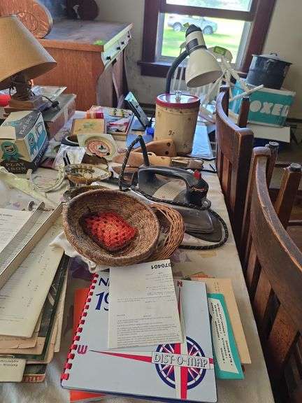 Grab bag lot includes lamps, papers, canister, iron, shoe stretchers, etc