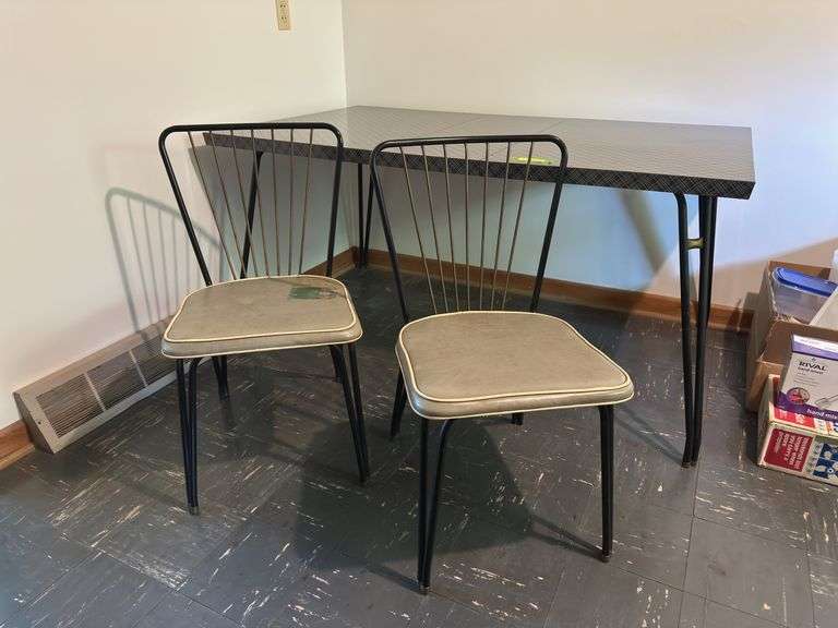 36x46 Lloyd metal and wood dinette table with 12” leaf and two chairs