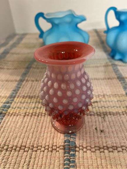 2 blue satin glass whimsy pitchers, 2 pcs hobnail glass