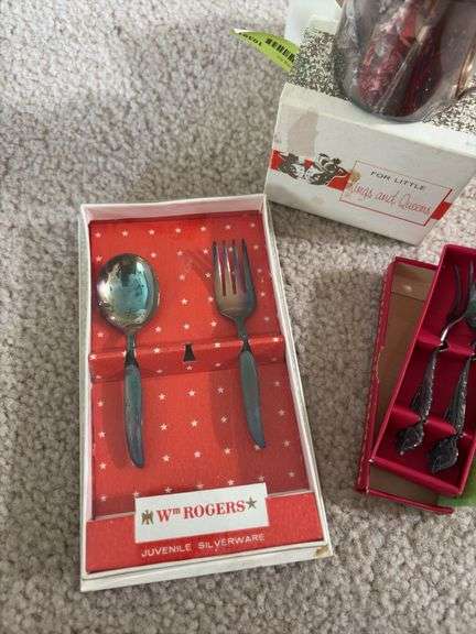 Roger's juvenile silverware set and cup, Swedish pickle fork set