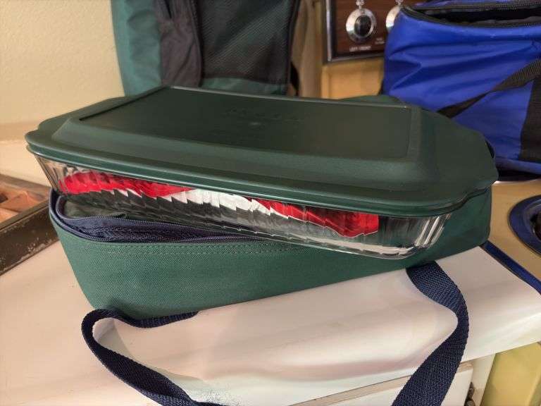 Three cooler bags-oval crockpot size, double wine bottle size and oval Pyrex size with dish and lid inside