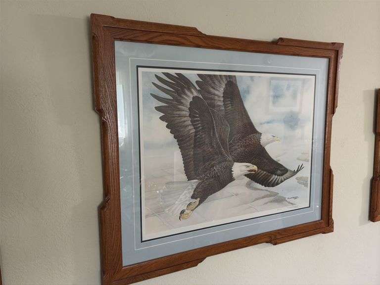 Schanz Furn Amana oak picture frame 39 x 31.5 w/ Landenberger Bald Eagle print, S/N 341/500
