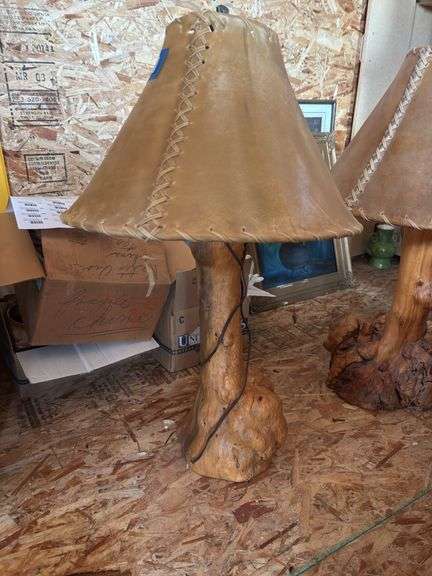 Two heavy burled pine lamps with rawhide shades