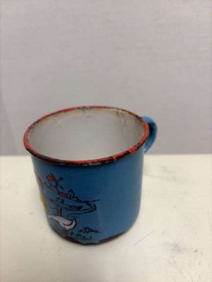 Vintage bread box, enamelware pail and hand enameled cup