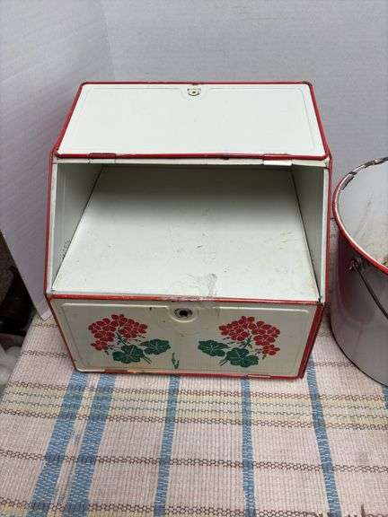 Vintage bread box, enamelware pail and hand enameled cup