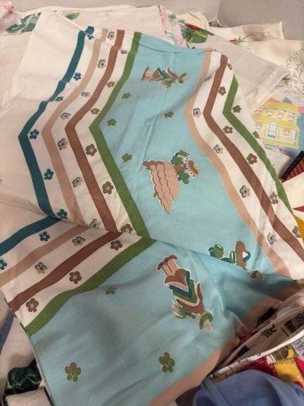 Printed fabric table linens and aprons