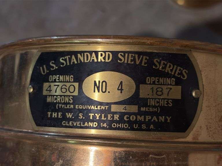 Wooden bucket by Baskerville 12x12 and two US copper standard sieves, No.4 and No.140
