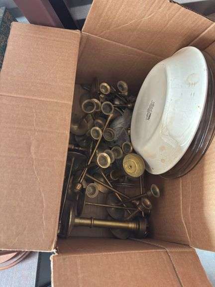 Miscellaneous housewares, decor and kitchen items include box of brass candlesticks, some bar items, bakeware, pampered chef cooking pan, decor items, angels