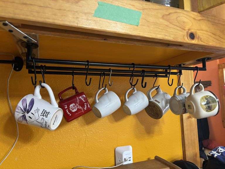 Three section storage bin, hanging coffee cup storage and drinking glasses