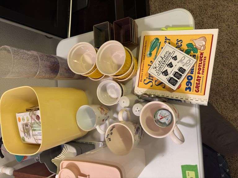 Variety of drink ware, plastic containers, custard cups etc....