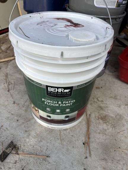 Two buckets of clear wood finish and large lightly used bucket of deck paint