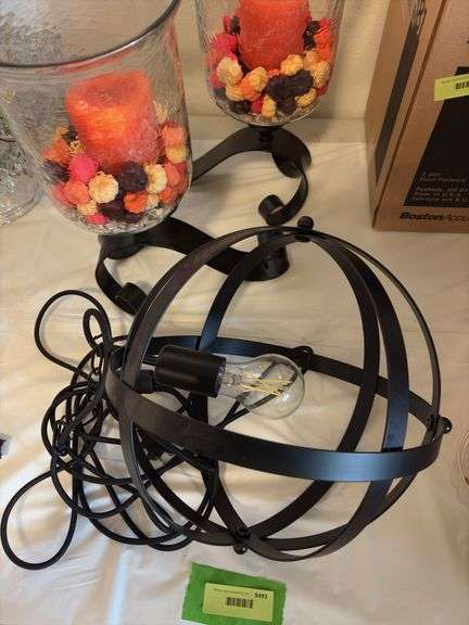 Sphere hanging light and 2 decorator metal and glass candle holders