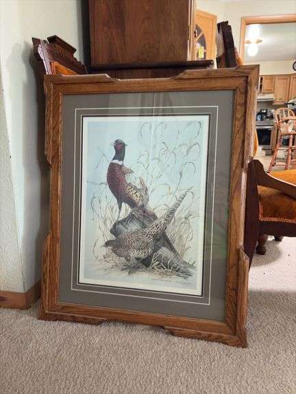 Schanz Furn Amana oak frame 25 x 30 w/ Landenberger Ringneck Pheasant print Second Edition S/N 913/950