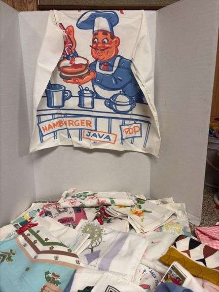 Printed fabric table linens and aprons
