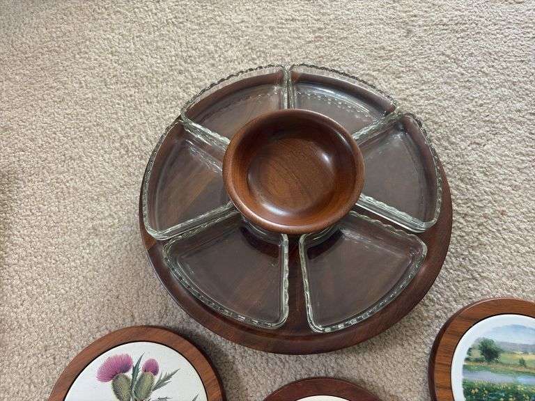 Amana walnut glass tray lazy susan and 3 ceramic Amana walnut trivets