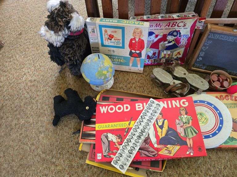 Kids chalk board, wood burning kit, games and toys