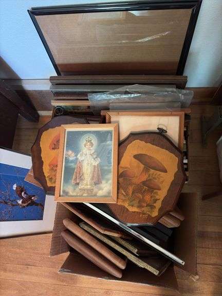 Many picture frames and pictures, all sizes