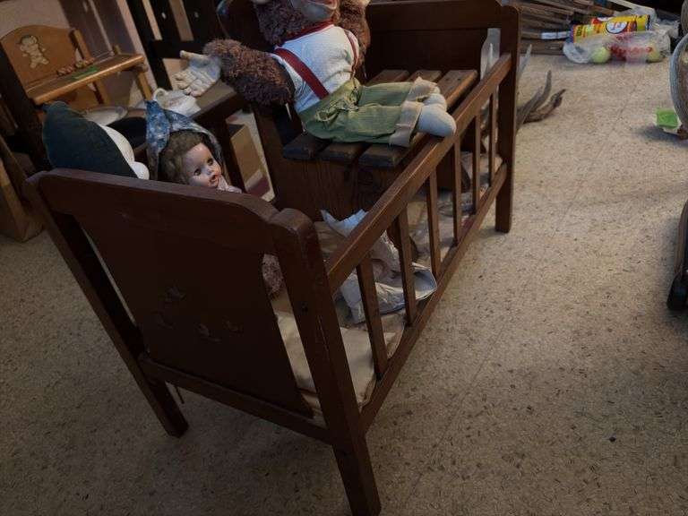 Doll crib, doll bench and three dolls including Chimpee Dear by Doll & Toy Industry Inc