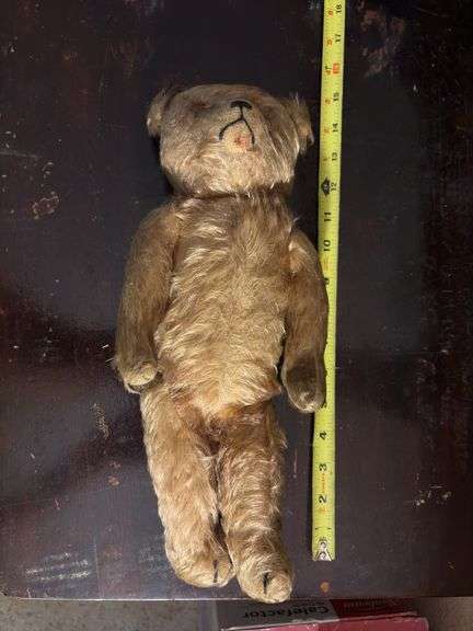 14” vintage mohair teddy bear, jointed and stitched nose, mouth, hands and feet