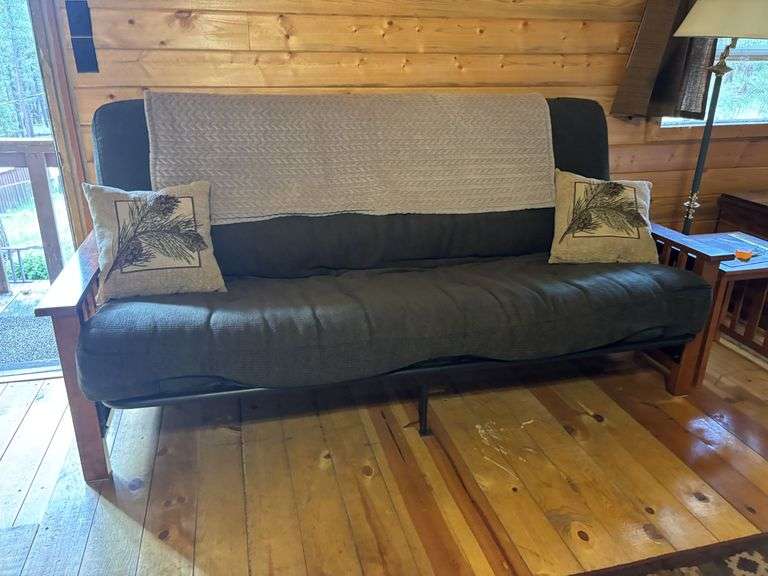 Futon, side table and lamp