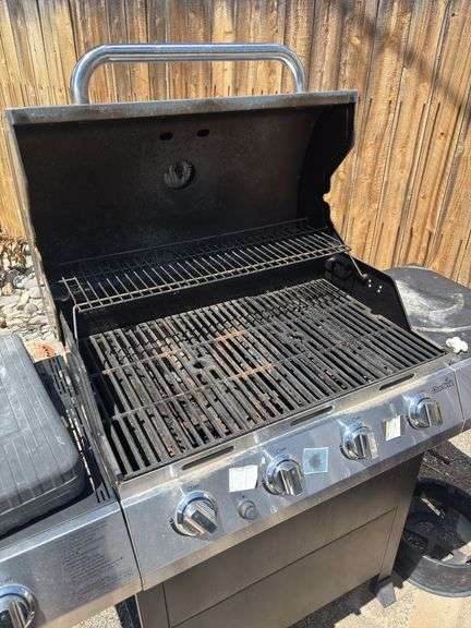 Char broil, stainless steel propane grill with grill tools, and large tank