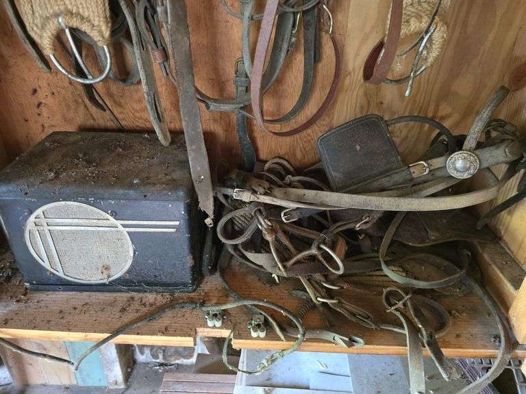 Various horse tack and an old radio