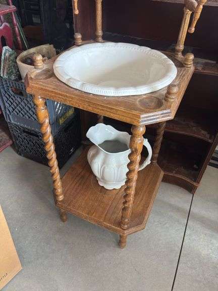 Vintage Oak washstand with pitcher and bowl