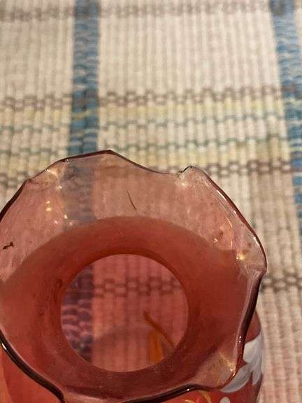 Opalscent whimsy bowl, slag glass vase and Mary Gregory vase