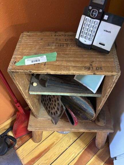 Vintage wooden step stool, wooden box and decorative items