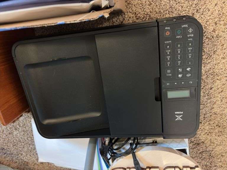 Office supplies, Canon mx492 printer, paper, small lock box, teakwood desk trays