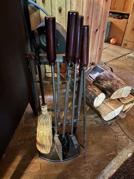 Stove top essentials - trivet, enamel coffee pot, stove fan, stocking holder, horse shoes