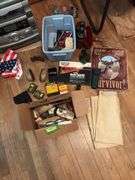 Tanned deer hide, stock refinishing set, variety of gun/hunting type items