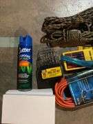 Rope, drop cords, bits, multipurpose plastic boxes, tape measure, bug spray, hooks, etc