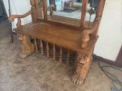 Antique ornate lions head oak entry bench with mirror