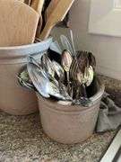 1 gallon crock, kitchen utensils, salad spinner, bean pot and flatware