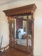 Antique ornate lions head oak entry bench with mirror