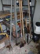 More yard and garden tools-shovels, rakes, frog giggers, fish spear, NOT shelf unit