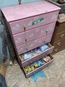 Five drawer pink dresser, full of beading supplies and jewelry making items